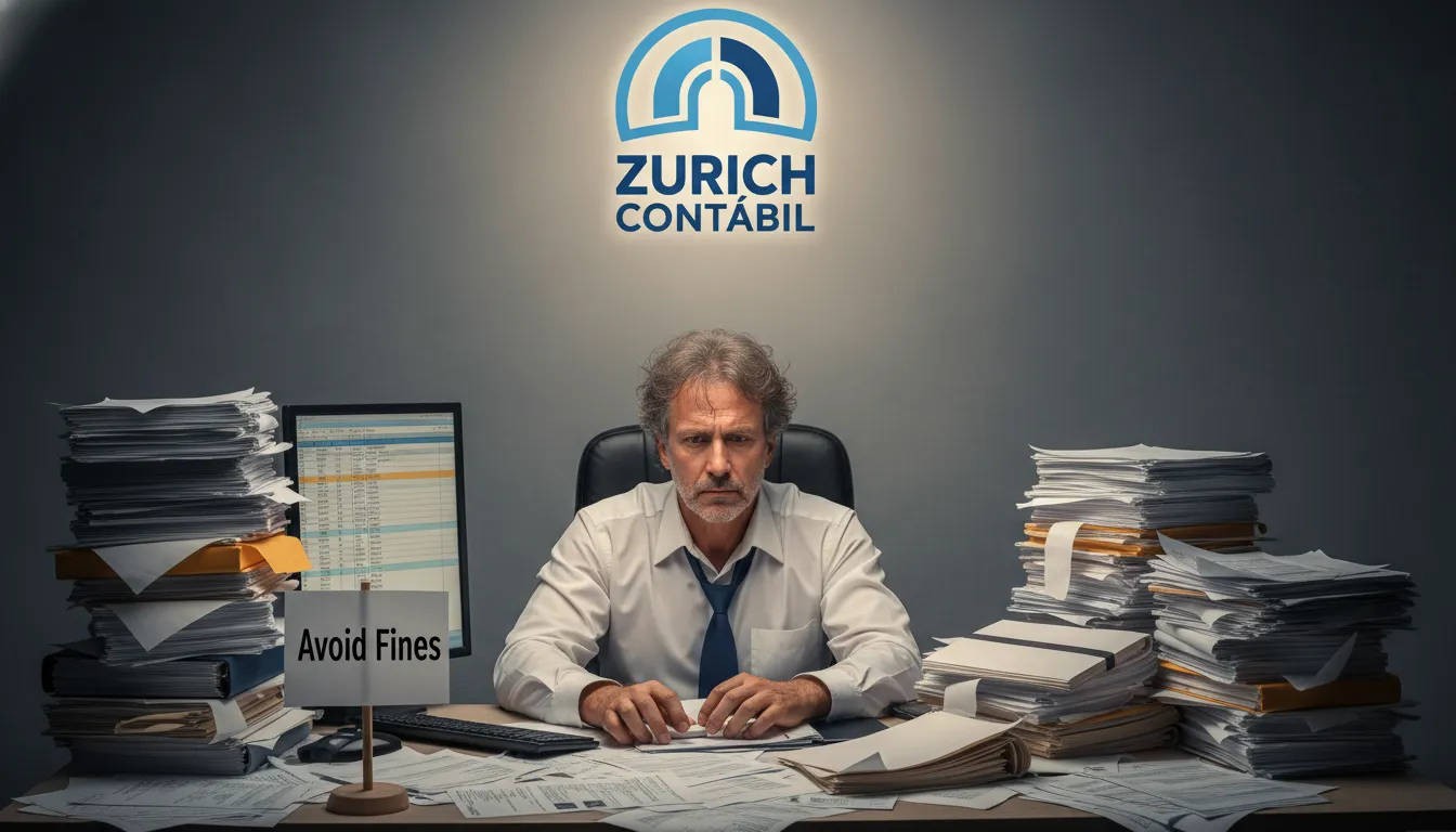 Homem de negócios sobrecarregado com impostos, buscando soluções para evitar multas do SPED Contribuições, com o suporte da Zurich Contábil.