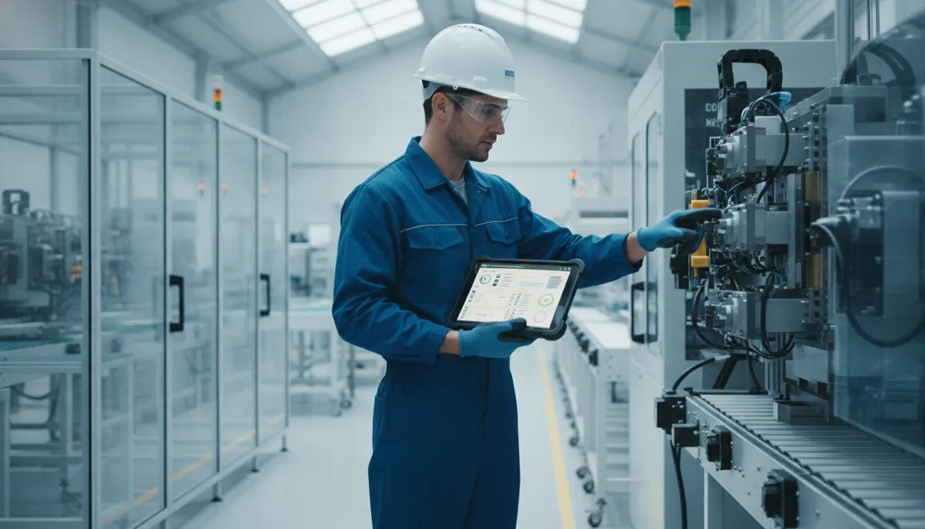 Técnico de manutenção inspeciona máquina com dispositivo PrevenX, aplicando práticas eficientes de PCM.