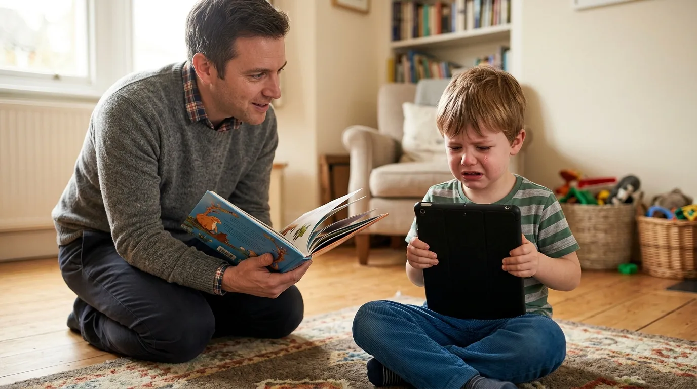 Pai oferecendo livro para acalmar filho controlando o tempo de tela para crianças pequenas.