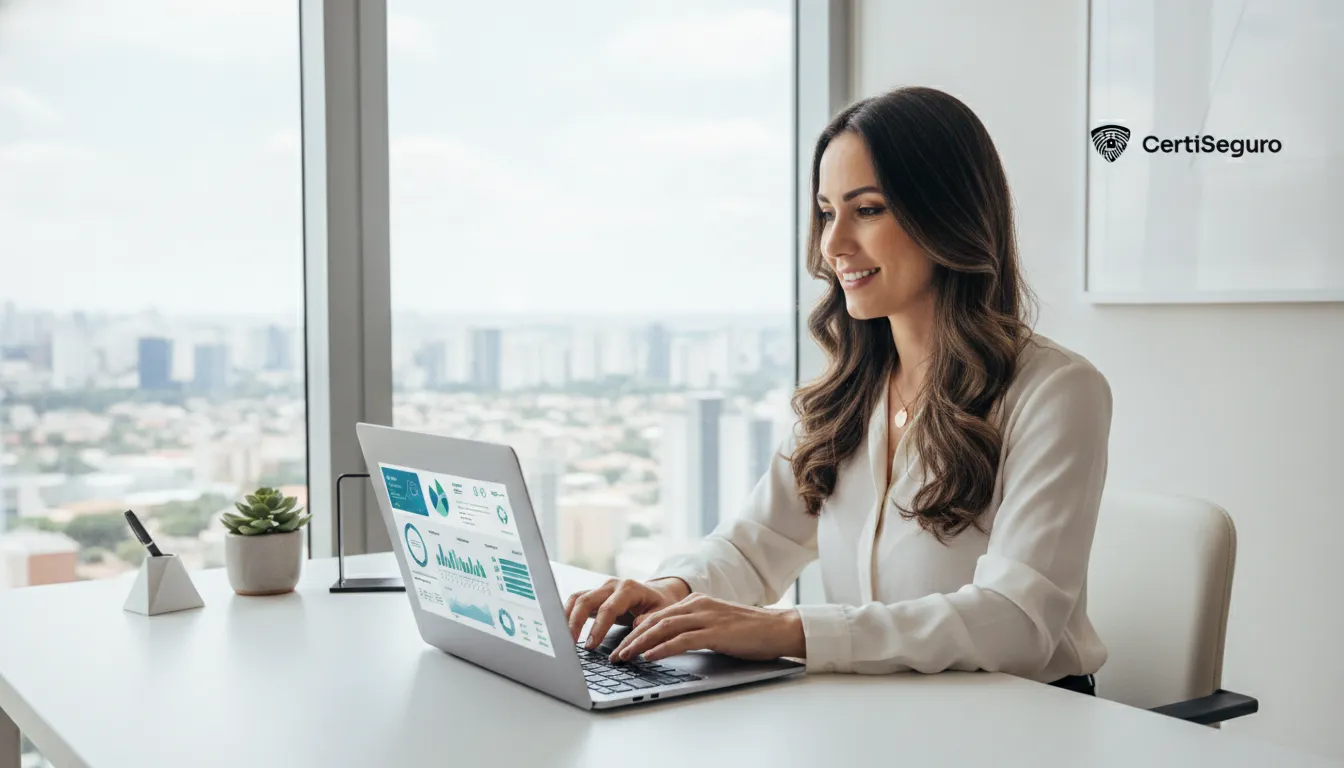 Advogada sorrindo usando plataforma CertiSeguro na nuvem, sem problemas com token certisign OAB.