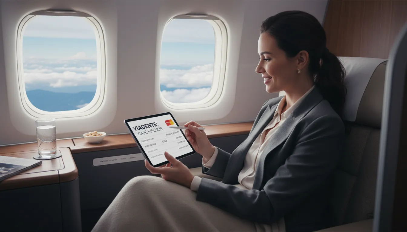 Mulher aproveitando voo na primeira classe, utilizando seus pontos no cartão de crédito para uma viagem luxuosa, com a Viagente.