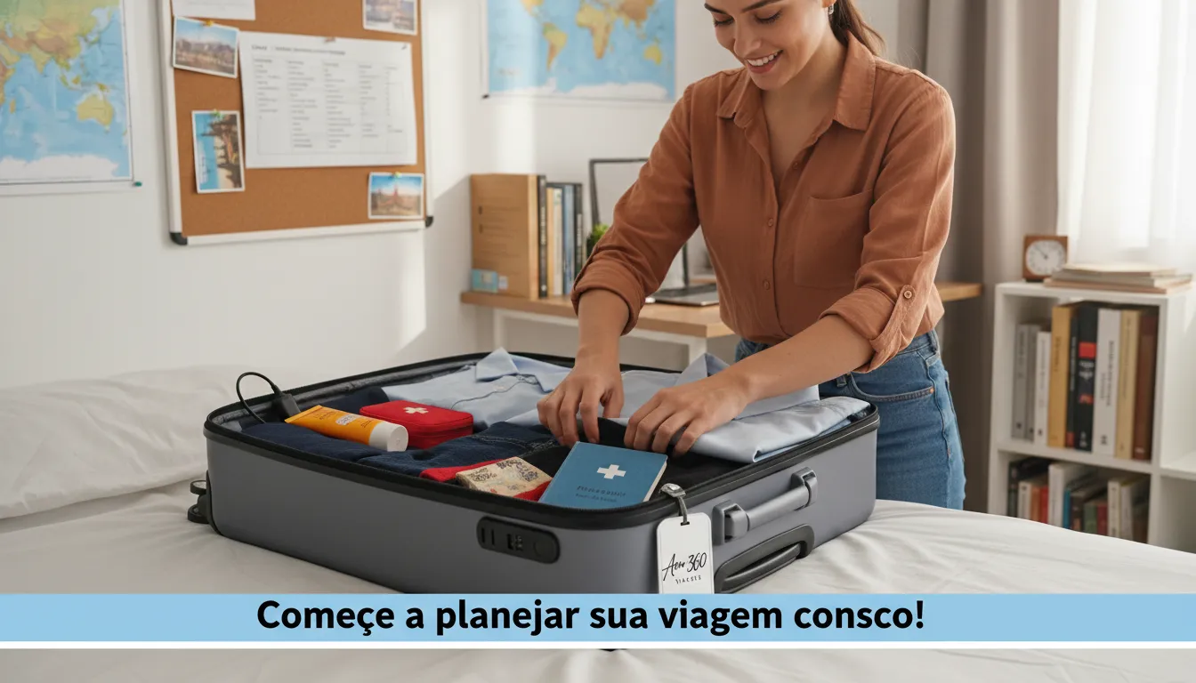 Pessoa organizando mala com itens essenciais para planejar viagem. CTA: Comece a planejar sua viagem conosco!
