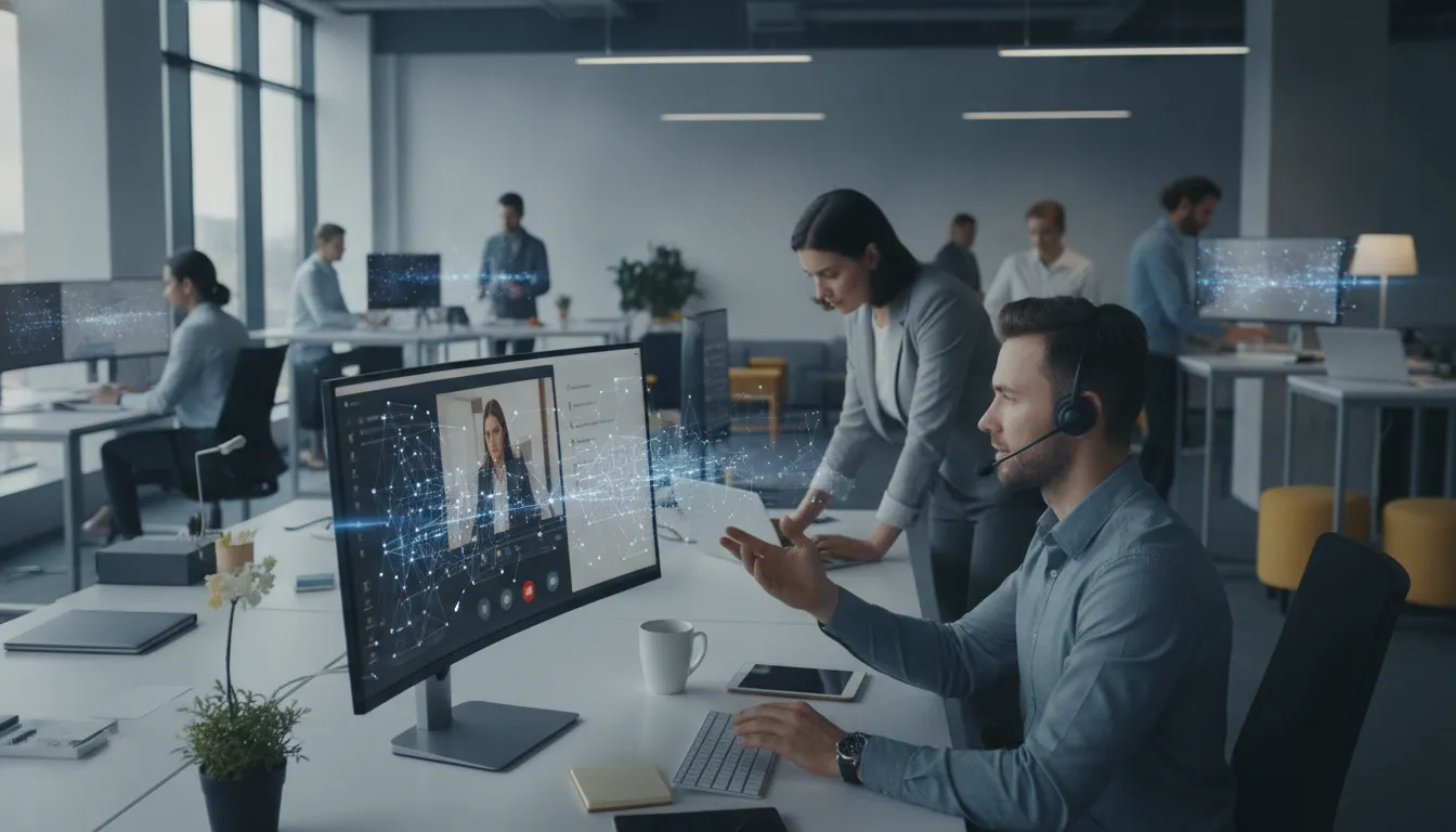 Equipe de vendas utiliza IA para otimizar leads e processos. Escritório moderno, alta produtividade.