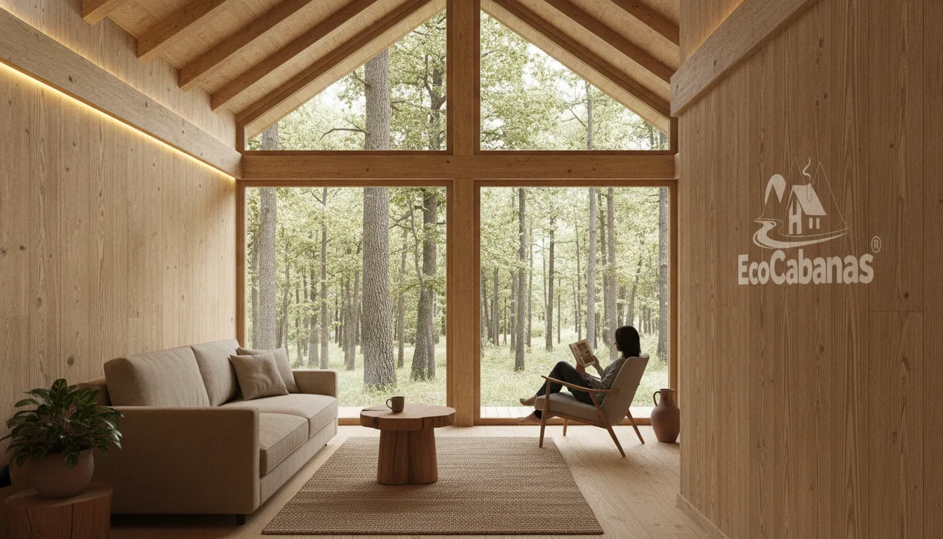 Interior aconchegante de casas pré-fabricadas de madeira da Eco Cabanas com vista para a floresta, promovendo tranquilidade.