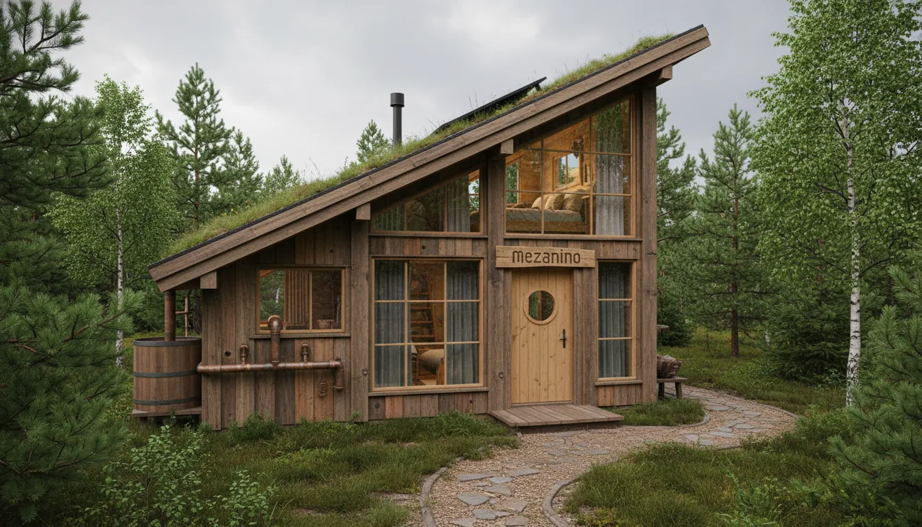 Visão externa de uma cabana charmosa na floresta, com destaque para o mezanino visível através da janela e elementos de design sustentável.