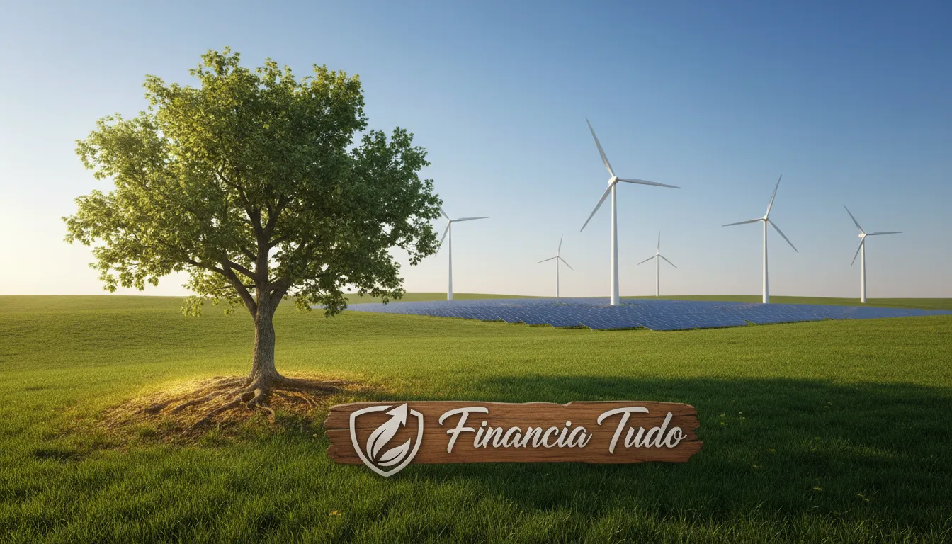 Paisagem com campo verde e turbina eólica, ilustrando como a energia solar por assinatura vale a pena para o meio ambiente.