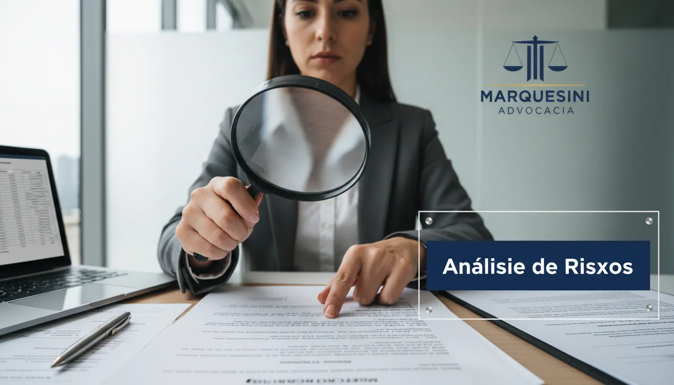 Advogado examinando documentos legais com lupa, representando a análise de riscos na terceirização de serviços jurídicos.