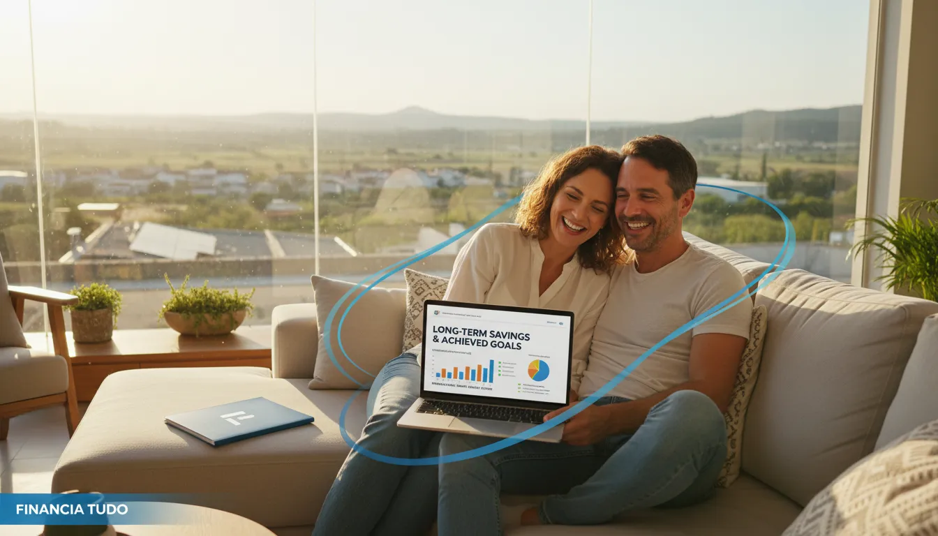 Casal feliz com economia de energia solar placas e planejamento financeiro de longo prazo com Financia Tudo.