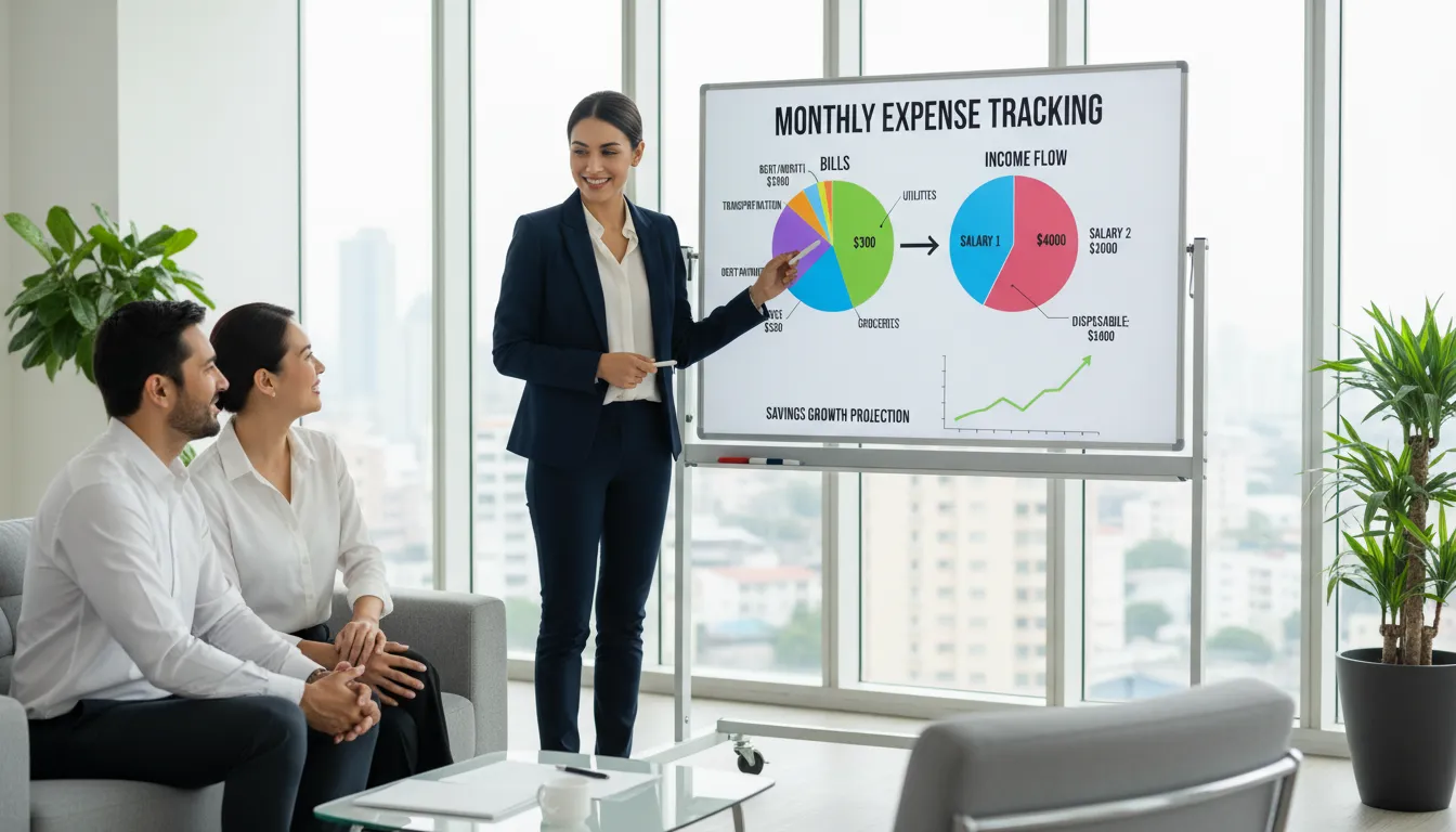 Consultor financeiro mostrando controle de despesas em quadro digital para casal em escritório moderno