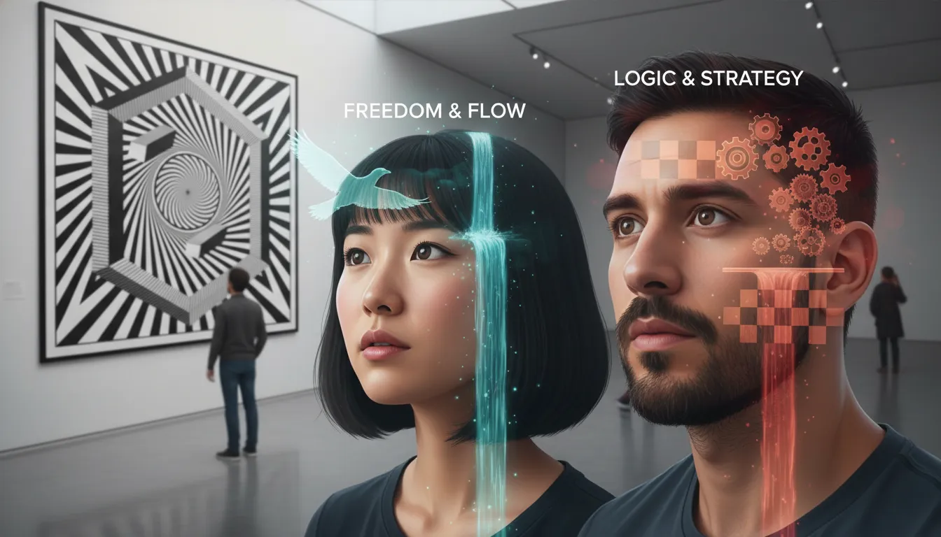 Duas pessoas observando uma ilusão de ótica em galeria, destacando a diferença de percepções individuais.