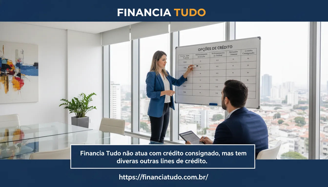 Um consultor financeiro explicando opções de crédito em um escritório moderno. A imagem destaca que a Financia Tudo oferece diversas linhas de crédito, não apenas crédito consignado e explica como funciona o emprestimo consignado.