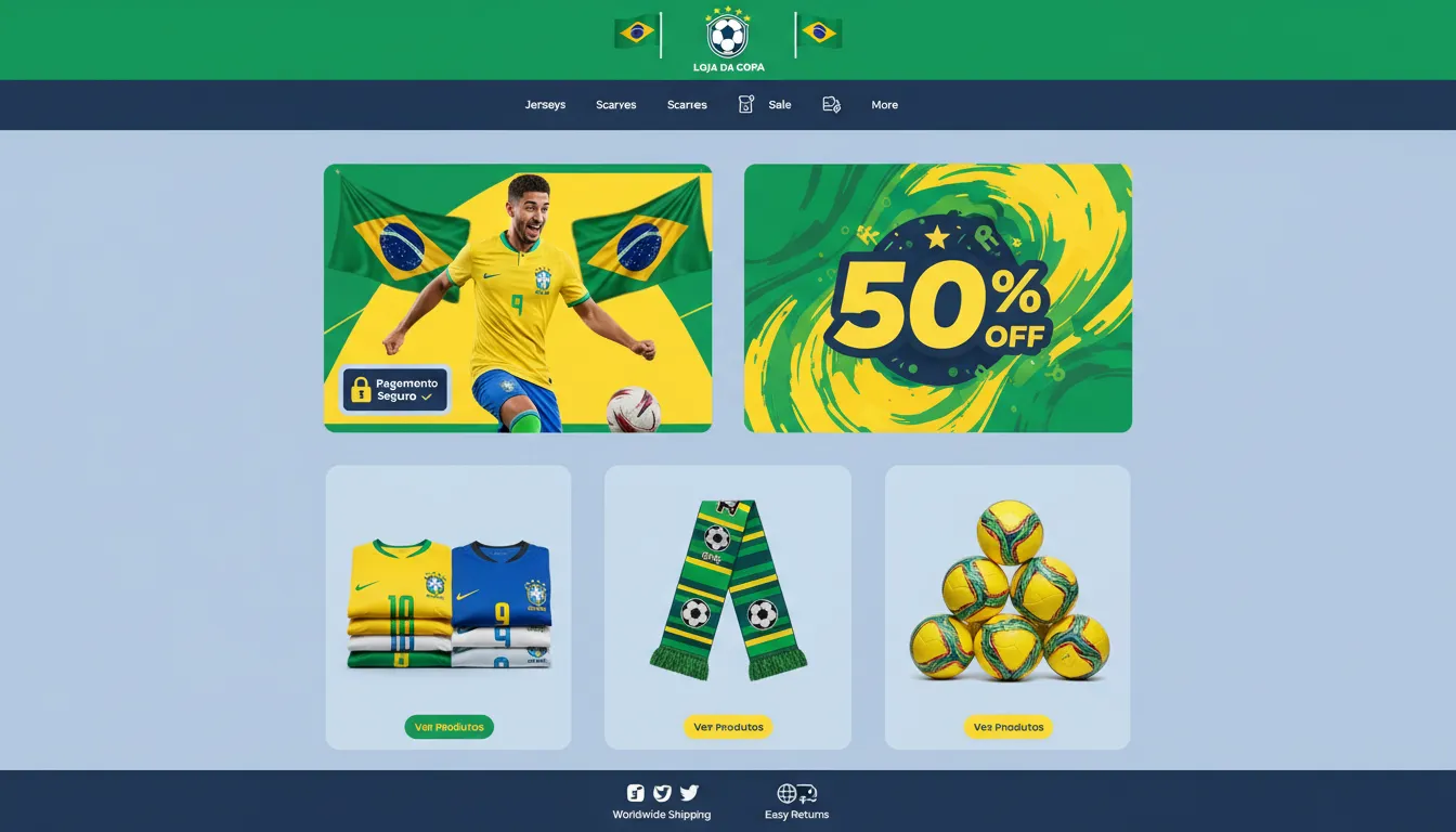 Vitrine online da Loja da Copa com produtos da seleção brasileira copa 2026 e promoções.