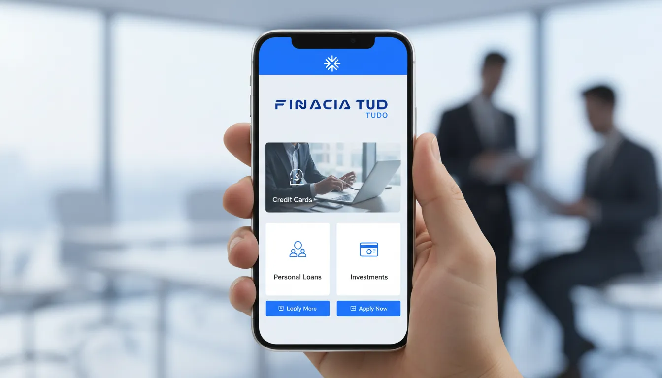 Interface de smartphone com opções de produtos da Financia Tudo, ideal para um afiliado iniciante em produtos financeiros, com fácil acesso.