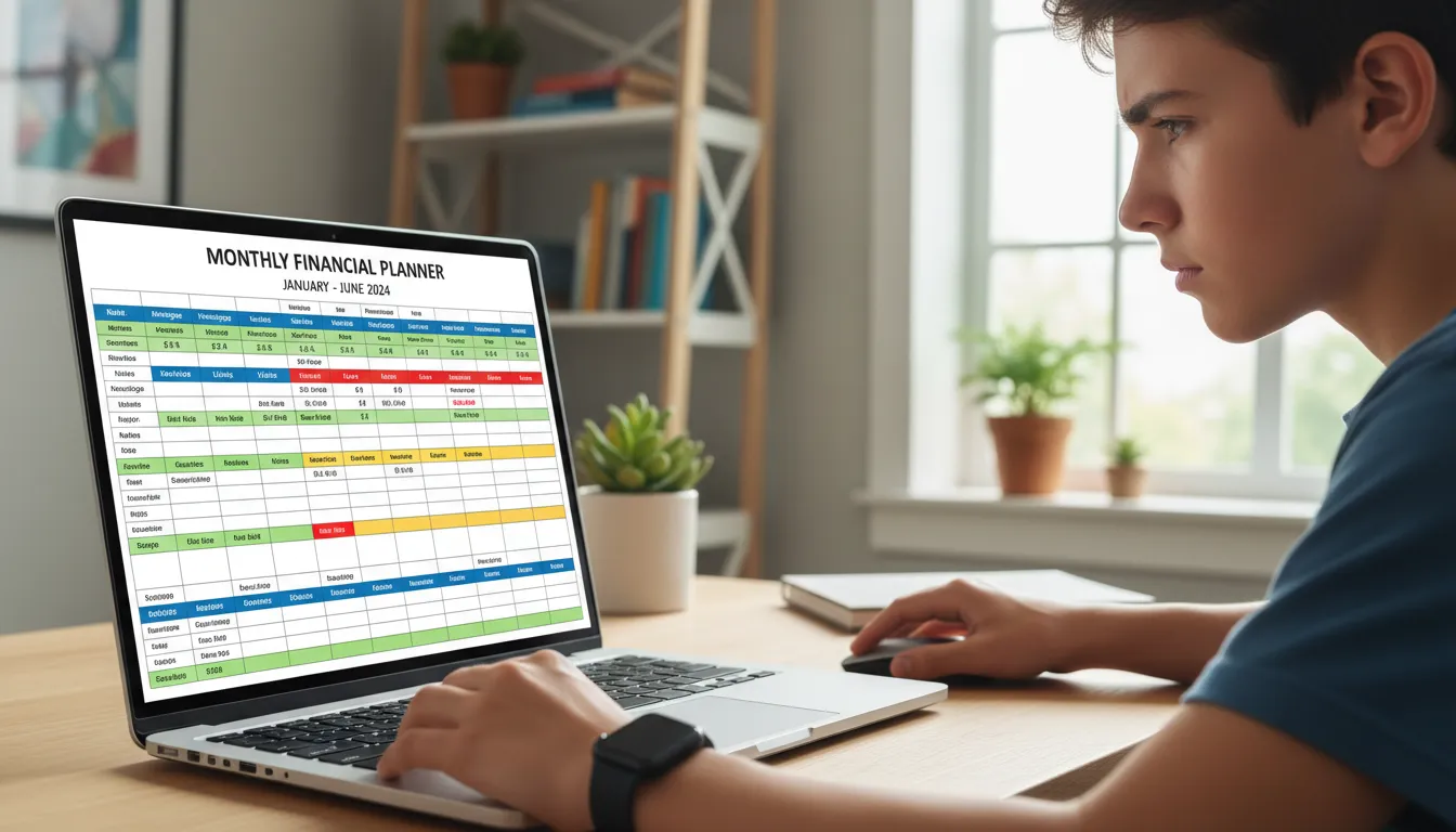 Adolescente utiliza planilha digital para planejar e acompanhar suas finanças pessoais.