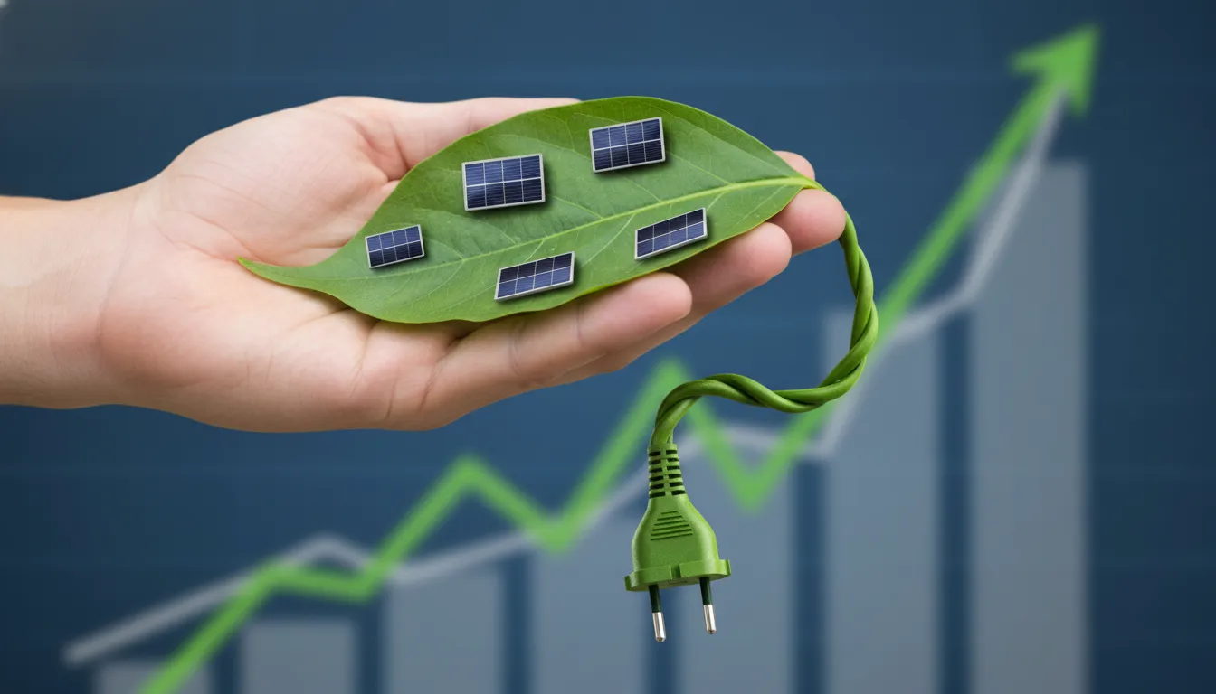 Mão segura folha verde com painéis solares, plugue elétrico, gráfico financeiro. Adesão energia solar assinatura.