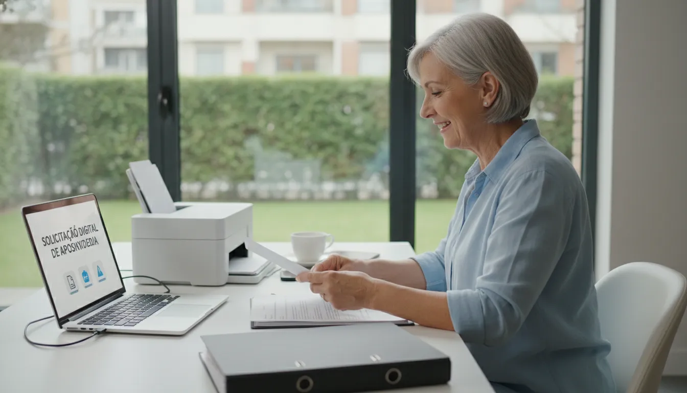 Pessoa madura digitaliza documentos previdenciários em casa, mostrando preparação para aposentadoria digital.