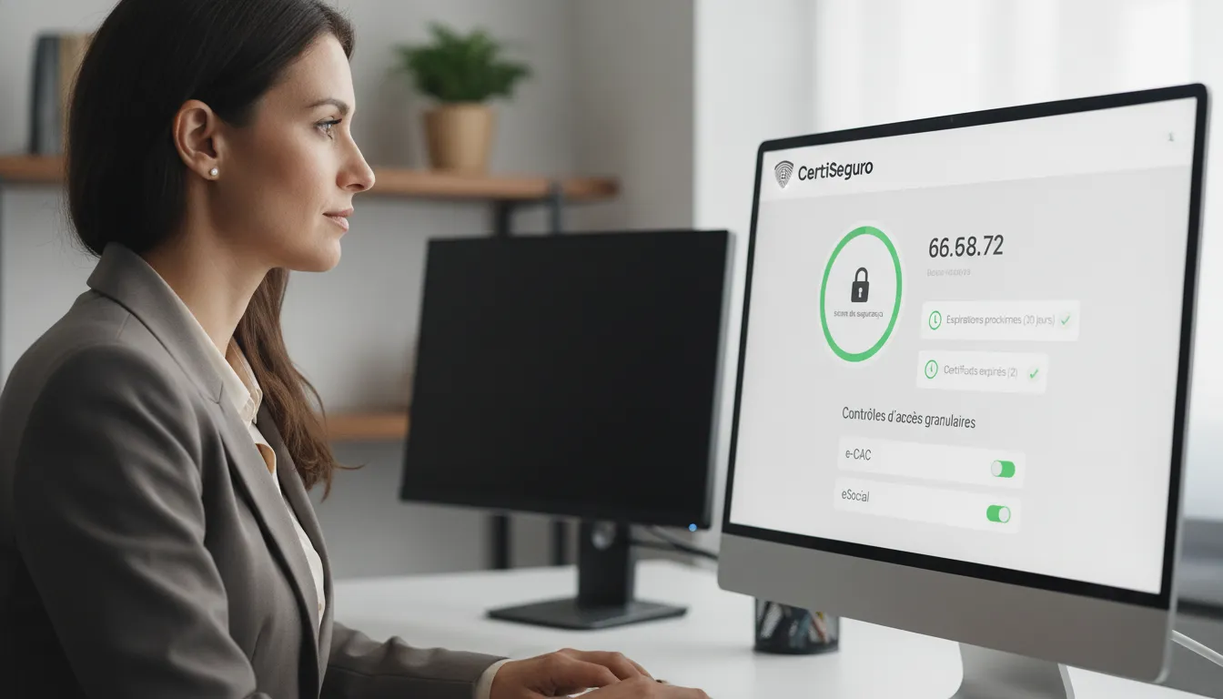 Contadora gerencia certificados digitais com software, visualizando score segurança e alertas de vencimento.