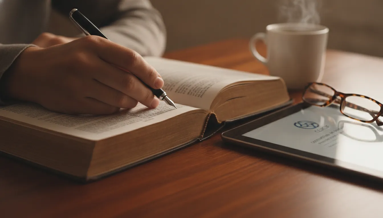 Mão com caneta sobre livro jurídico e tablet com edital CEJ/CJF, simbolizando o processo de seleção para doutorado.