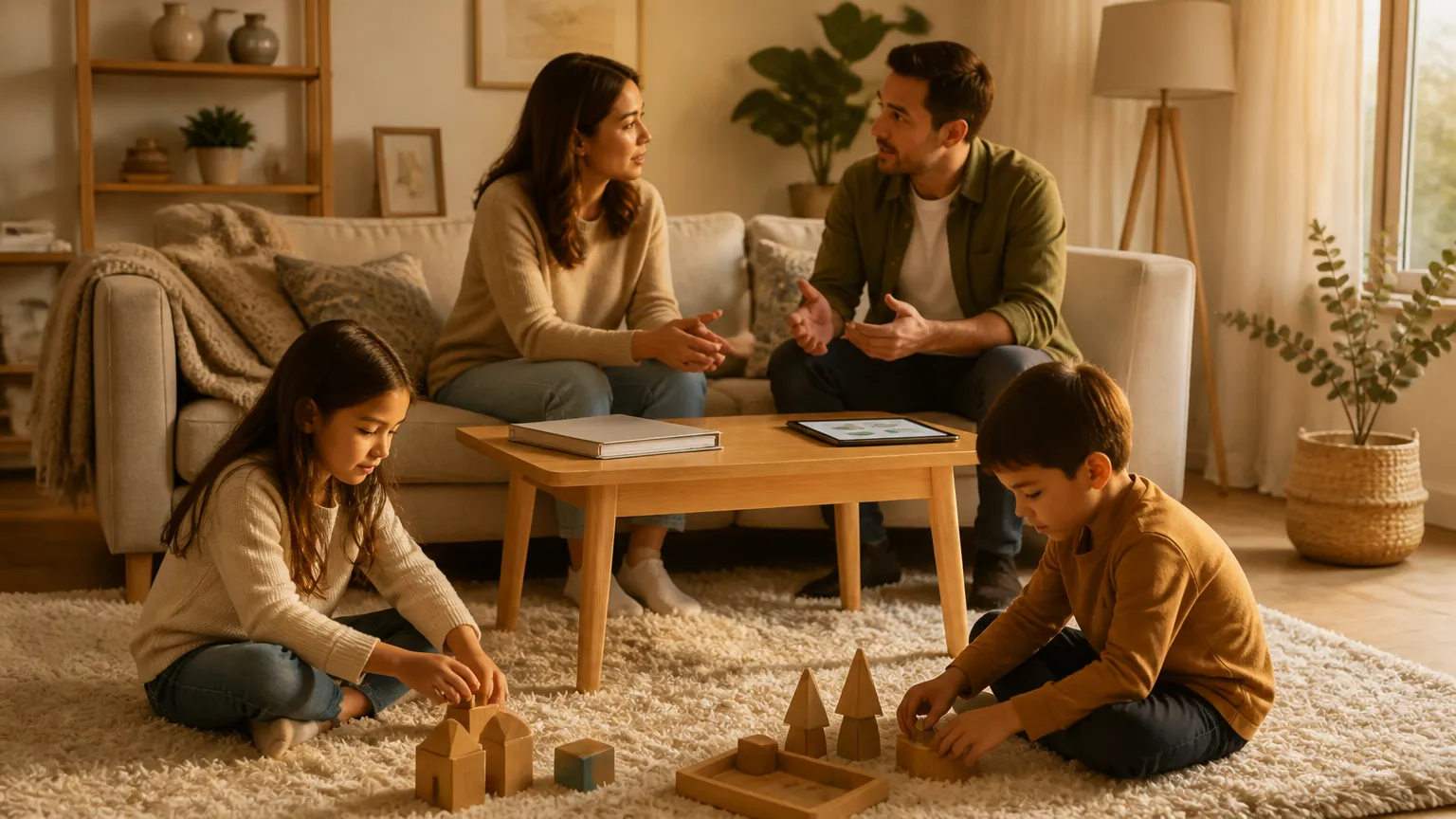 Familia reunida conversando sobre como saber se uma compra cabe no orcamento mensal.