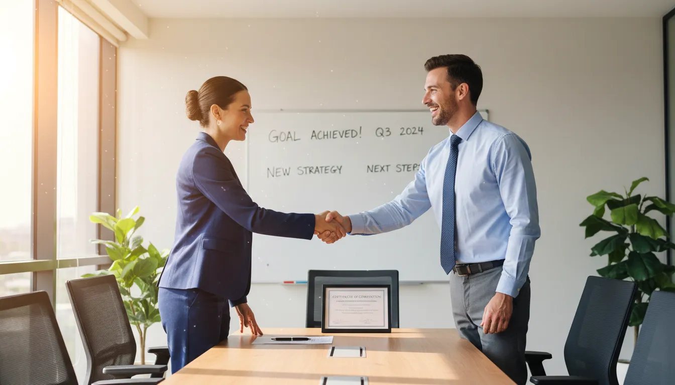 Landing Page para Coach: Vendendo Transformação + Autoridade + Proof of Work 4 Coach e cliente comemorando juntos uma conquista alcançada graças ao processo de coaching.