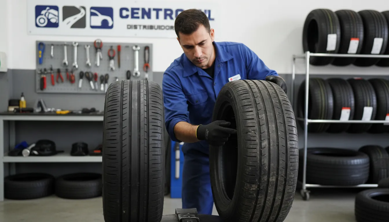 Mecânico experiente inspecionando pneus, comparando um novo com um remold, alertando sobre riscos e se pneu remold vale a pena.
