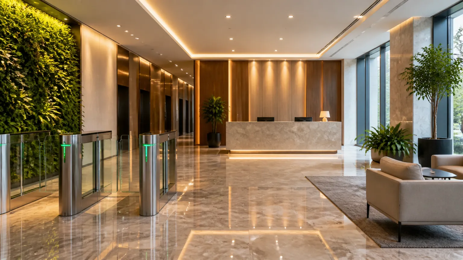 Hall moderno reformado após empréstimo para condomínio comercial corporativo.