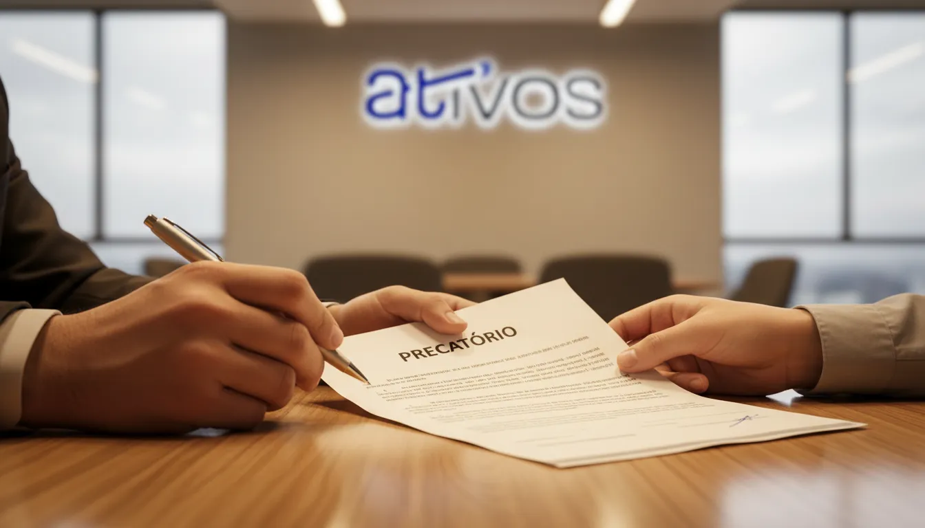 Mãos trocando um precatório sob a ec 136, representando uma transação segura e eficiente.