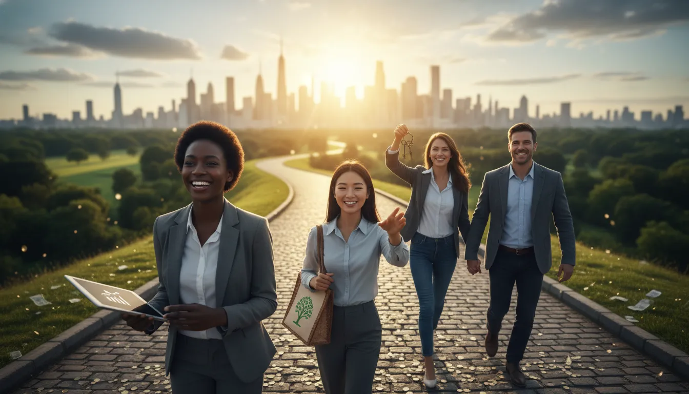 Financiamento negado o que fazer: Pessoas felizes caminhando em direção ao futuro, simbolizando sucesso financeiro.