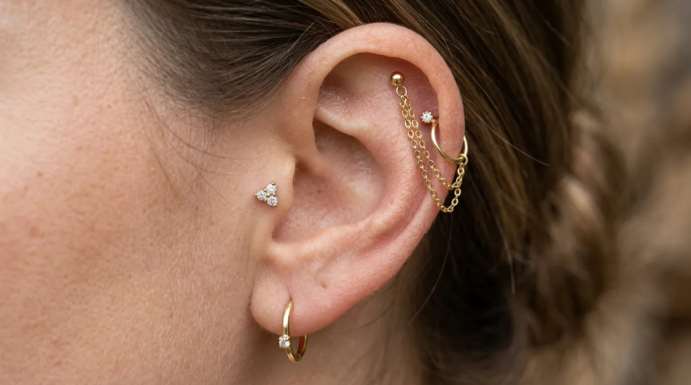 Detalhe de semi-joias modernas e delicados piercings na orelha feminina.