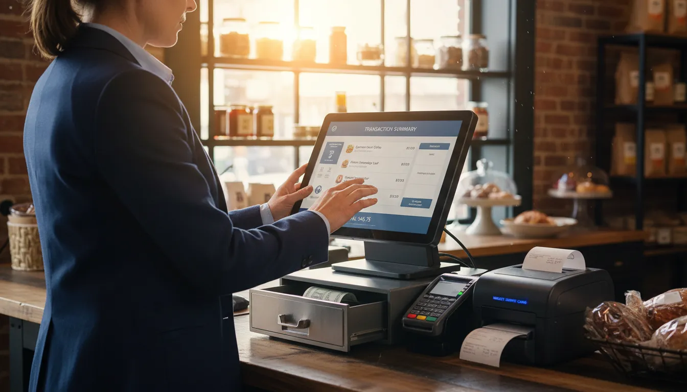 Empresário operando sistema de frente de caixa híbrido em comércio varejista