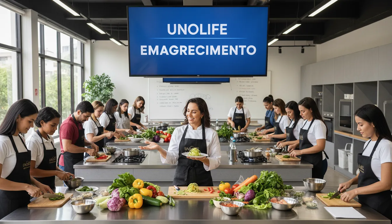 Grupo diverso participando de aula de culinária focada em refeições saudáveis, com nutricionista demonstrando receitas e técnicas para emagrecimento saudável. Unolife Emagrecimento.