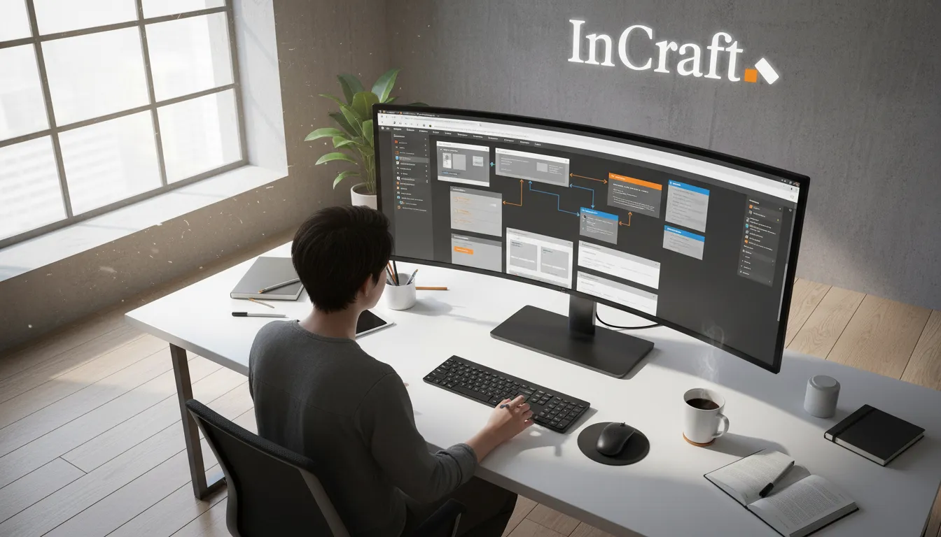 Designer trabalhando em um monitor ultra-wide, desenvolvendo um site UI design exclusivo para alta performance e experiência.