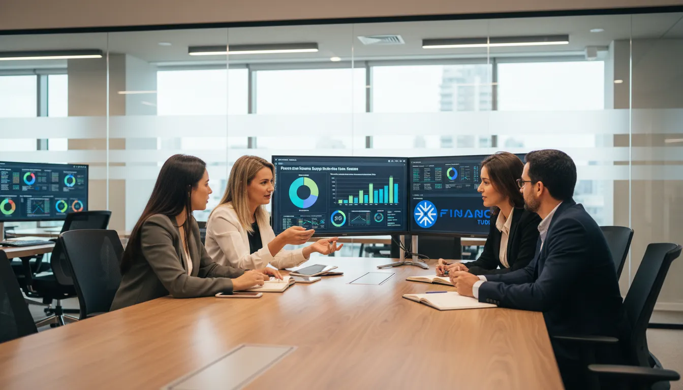 Equipe da Financia Tudo colaborando em plano de home equity e planejamento financeiro em escritório moderno.