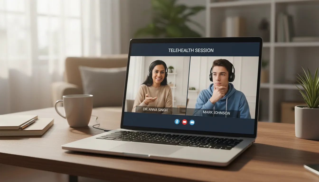 Terapeuta e paciente em videoconferência, conectados em ambiente doméstico seguro e confortável.