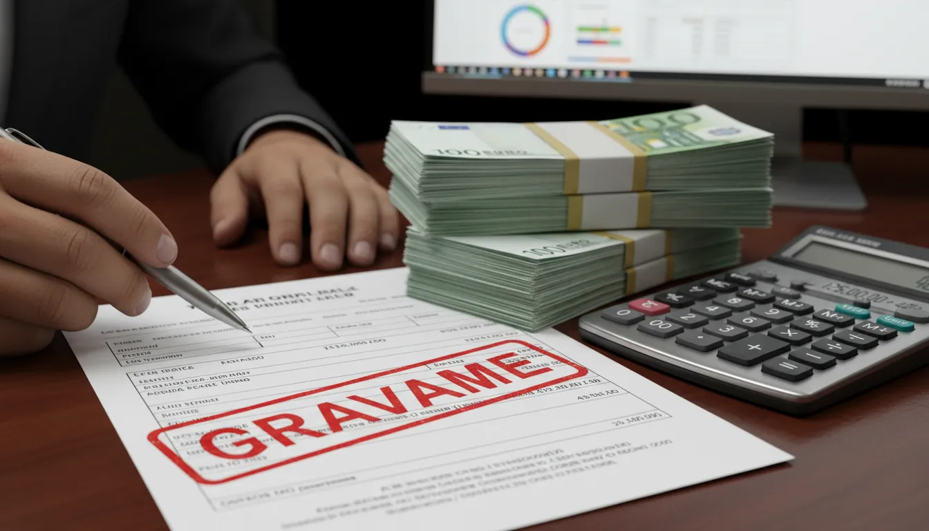 Documento de van com gravame, dinheiro e calculadora representando análise e aprovação de crédito.