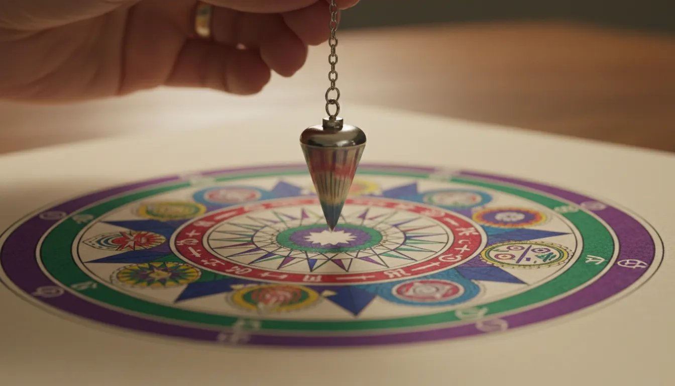 Detalhe de um pêndulo sendo utilizado em radiestesia online sobre um gráfico radiónico complexo, focado na avaliação energética.