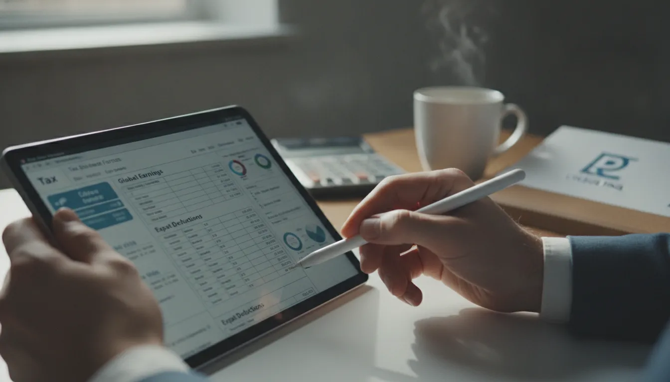 Mãos analisando formulários de l1 visa taxes e tn visa taxes em tablet, foco na conformidade fiscal.