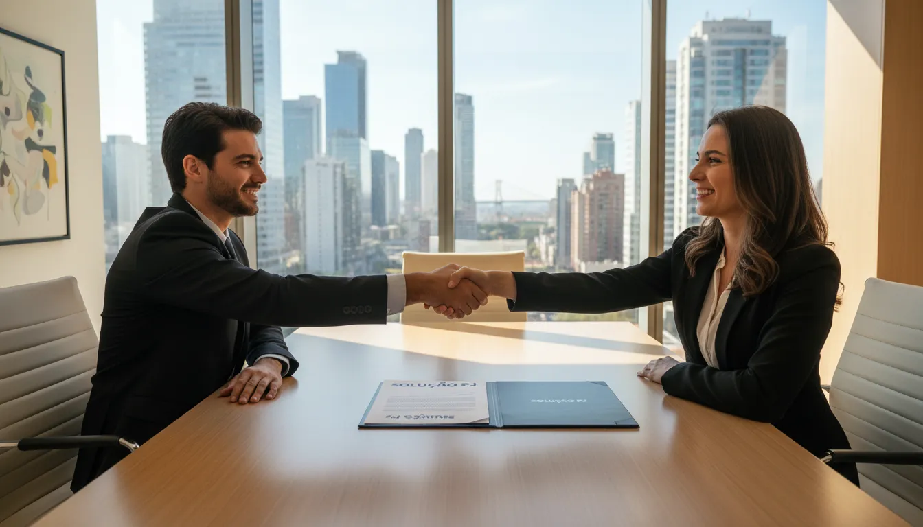 Aperto de mãos entre dois empresários selando um acordo de renegociação de dívidas para um cnpj endividado, simbolizando uma solução e um futuro financeiro mais estável.