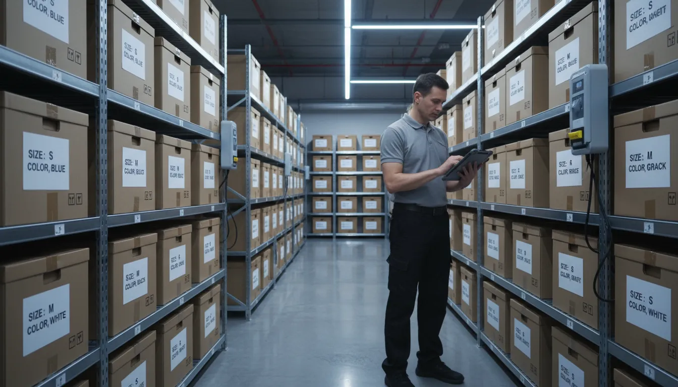 Estoquista faz controle digital de estoque de roupas com tablet, em ambiente organizado e moderno.