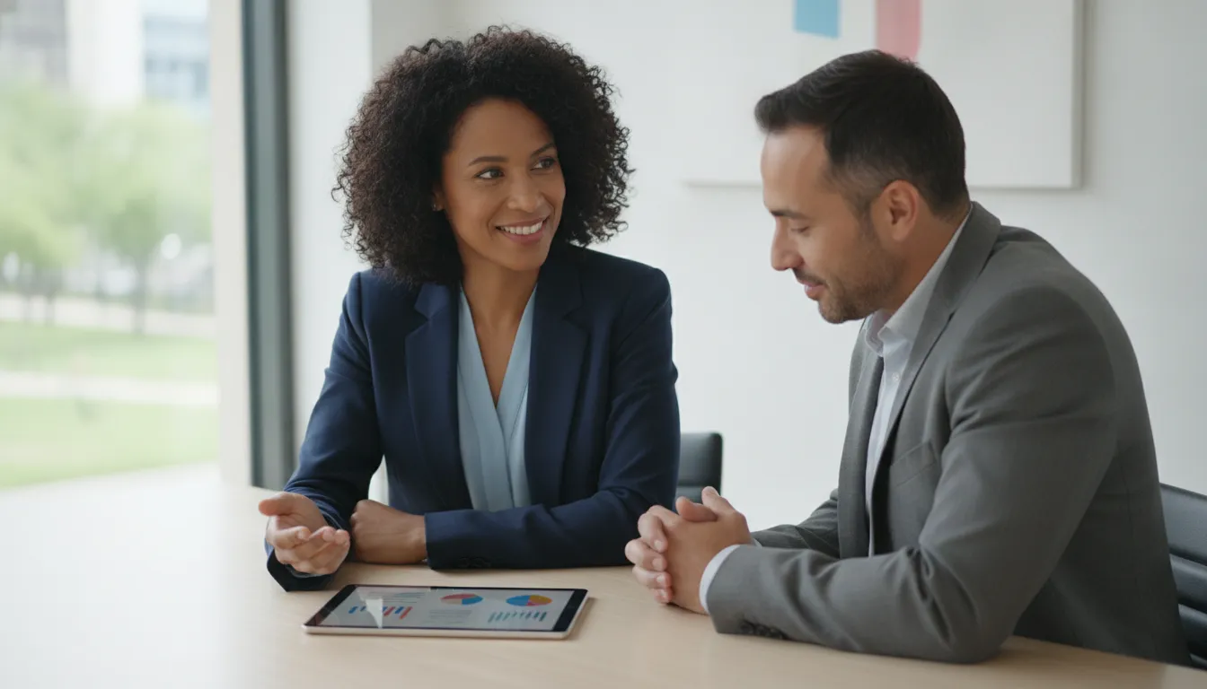 Consultor financeiro explica opções a cliente, destacando suporte especializado em como funciona análise de risco.