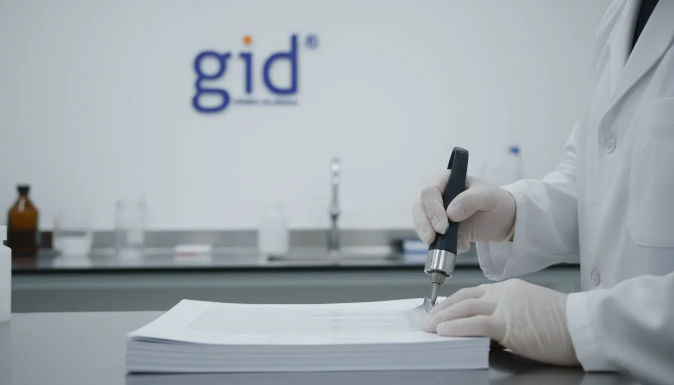 Técnico aplicando verniz em uma pilha de papel couche em laboratório, demonstrando a aplicação uniforme para aumentar a resistência.