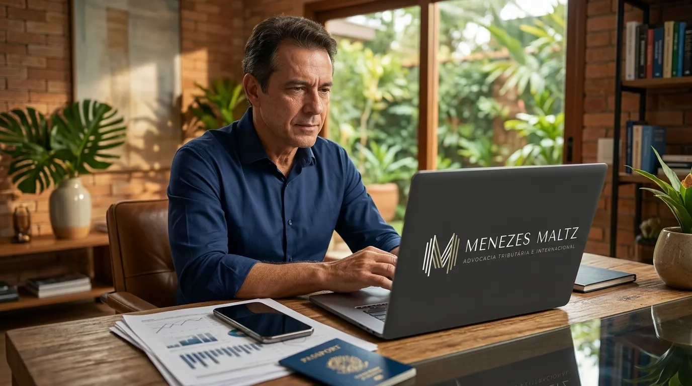 Investidor brasileiro planejando finanças com suporte de advogado tributarista internacional.