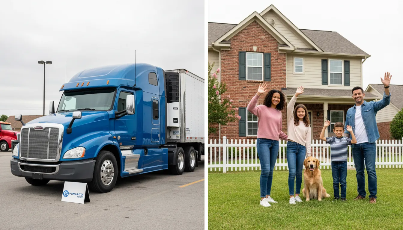 Caminhão novo e família feliz representam o sucesso ao encontrar o melhor financiamento de caminhão para trabalhar com segurança e planejamento financeiro.