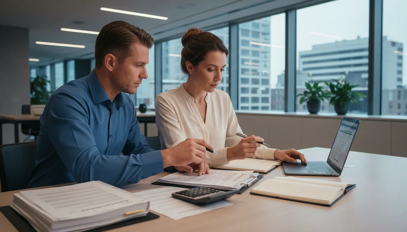 Dupla analisando extratos bancários e contratos em ambiente de trabalho moderno.