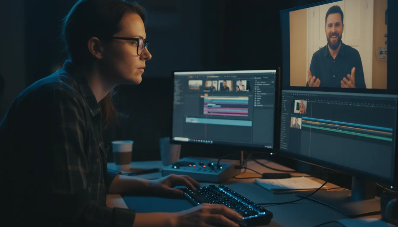 Editor de vídeo profissional transformando filmagens brutas em um vídeo depoimento cliente emocionante e convincente, ressaltando edição estratégica.
