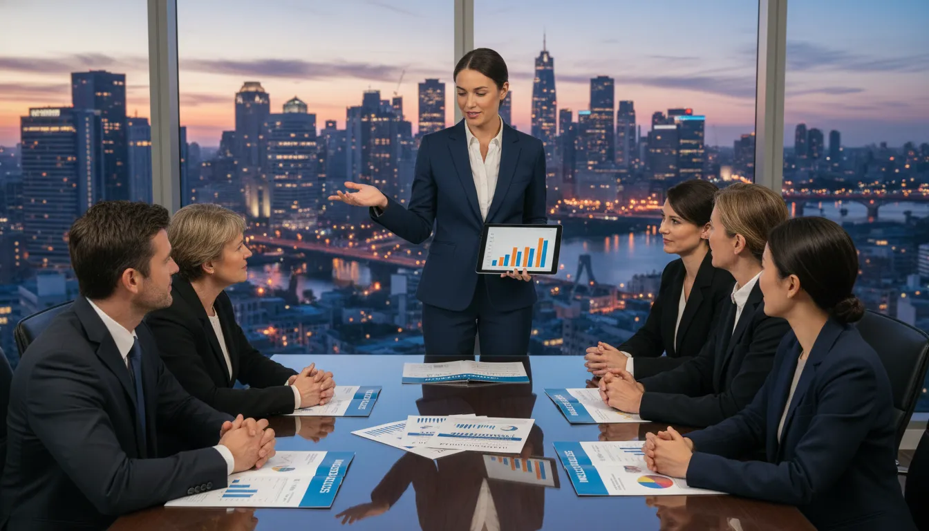 Profissional apresenta opções de plano de saúde para clientes em ambiente corporativo com vista urbana