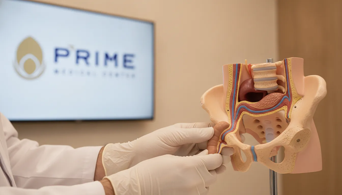 Mãos de médico demonstrando o toque retal em modelo anatômico, explicando o procedimento com clareza e cuidado.
