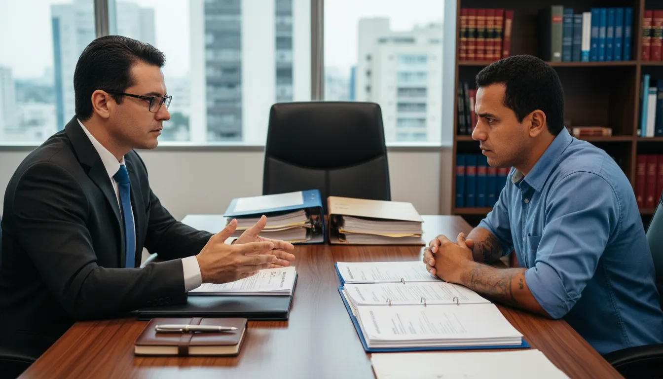 Advogado orientando apenado brasileiro em mesa com documentos sobre o processo de livramento condicional.