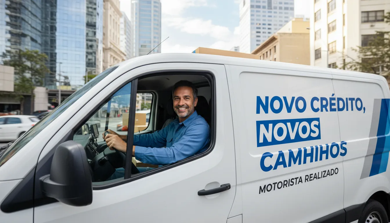 Motorista satisfeito dirige sua van após conseguir empréstimo em cenário urbano.