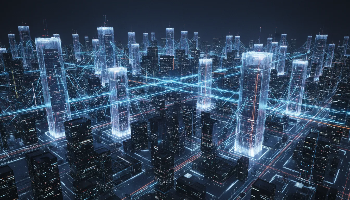 Ilustração digital de servidores e data centers interconectados, representando a infraestrutura da gestão de dados em uma cidade futurista.